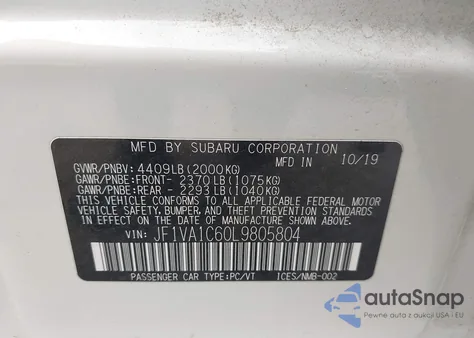 2020 Subaru Wrx Premium из США, поврежденный, VIN JF1VA1C60L9805804